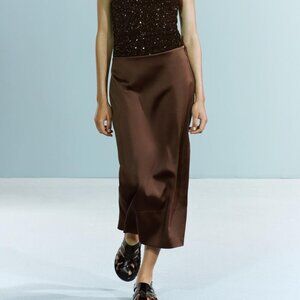 NWT ZARA SATIN EFFECT SKIRT ZW COLLECTION BROWN size S